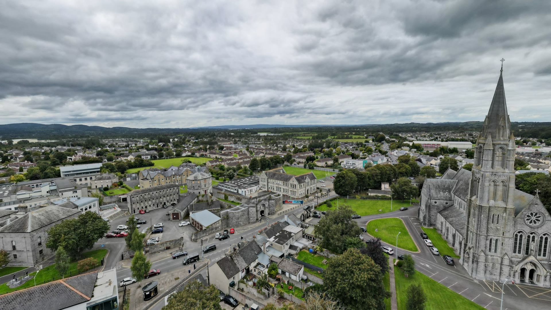 Aerial view over Nenagh town with St Mary's church beside Nenagh Castle, County Tipperary, Ireland — YouIn360 360° virtual tour