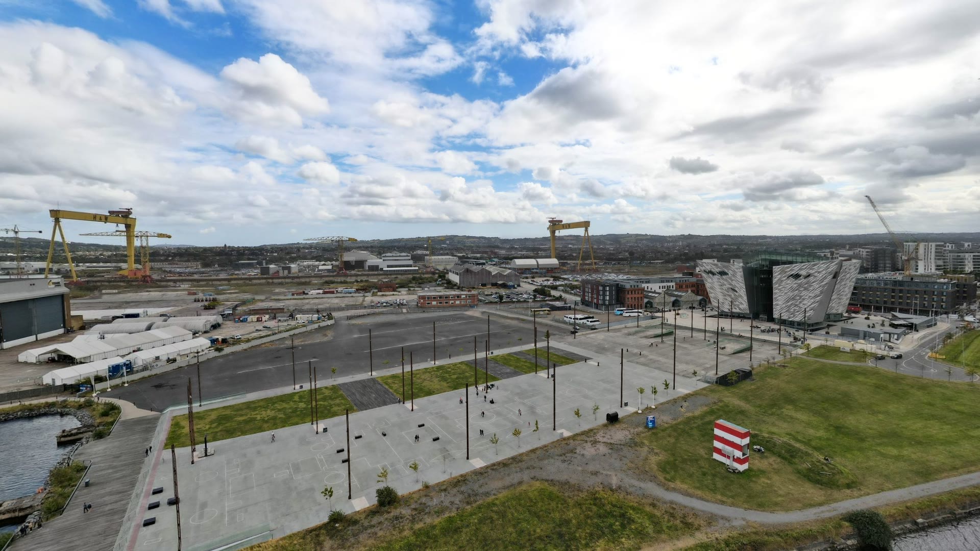 The Titanic Belfast museum and Harland & Wolff cranes on the historic slipways, Belfast — YouIn360 360° virtual tour